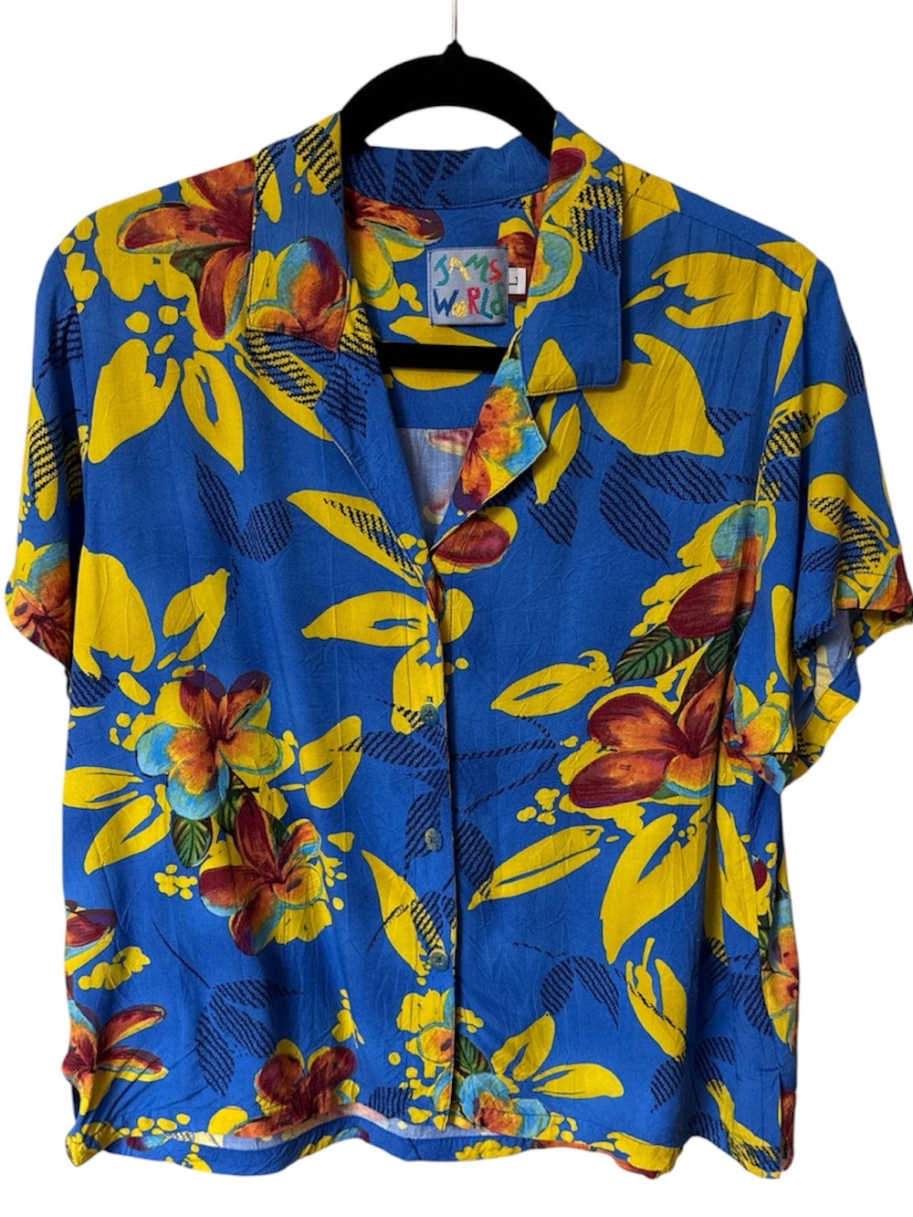 Jams World Francesca Blue Hawaiian Camp Shirt Floral Aloha Womens USA VTG 80s L